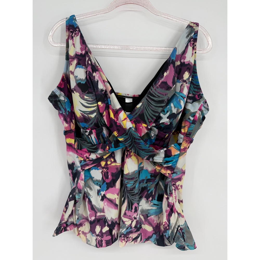 Bal Harbour Swim Womens Tankini Tropical‎ Floral Crossover V-Neck Ruched Sz 2X